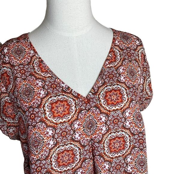 DR2 Daniel Rainn Womens Medium Pullover V Neck Top Orange Geometric Print - Picture 2 of 15